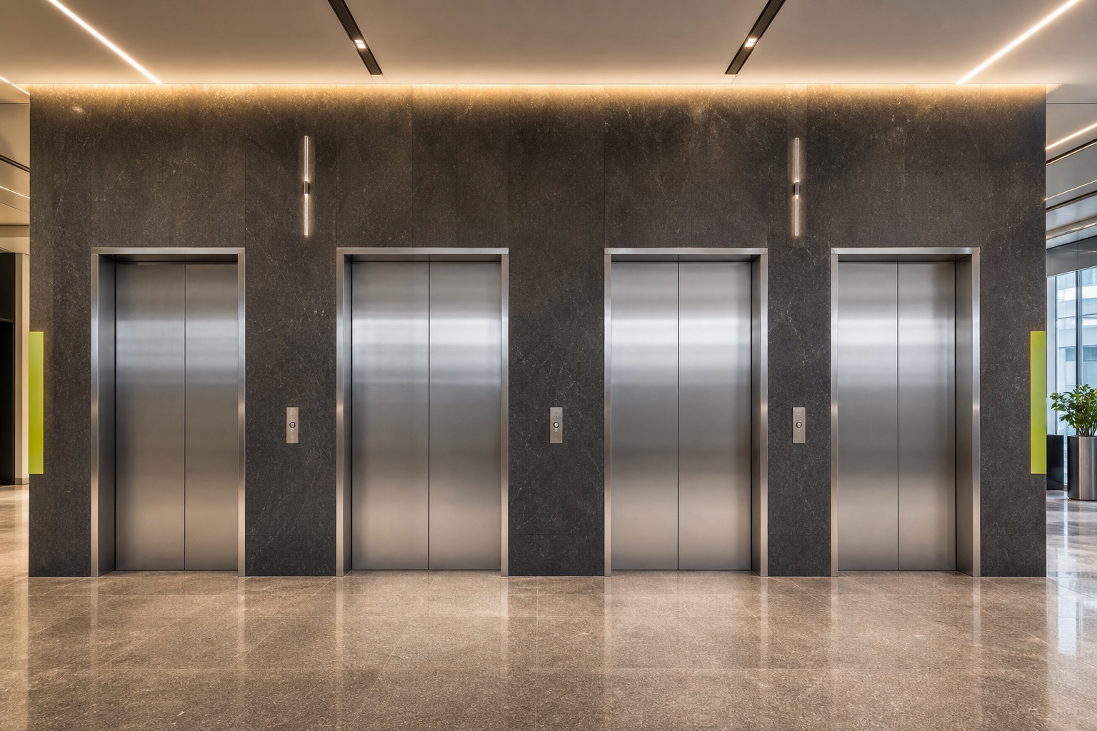 Modern commercial lobby with FUJI office building elevators