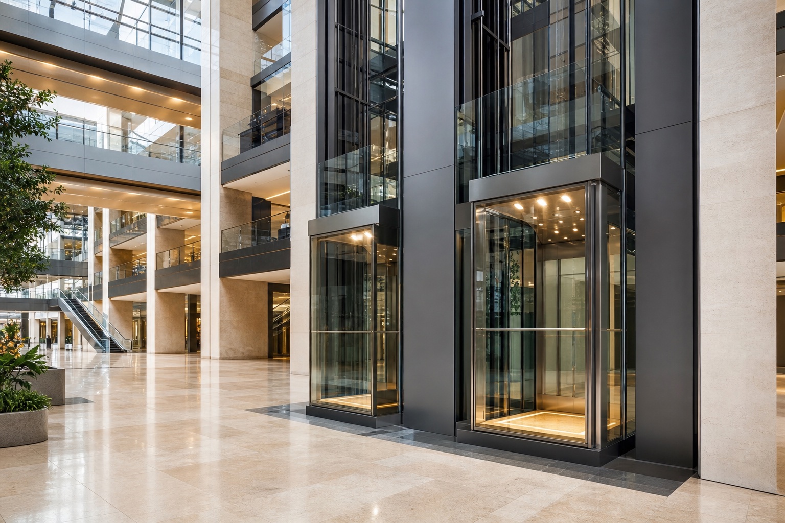 FUJI passenger elevators in a busy retail and public building