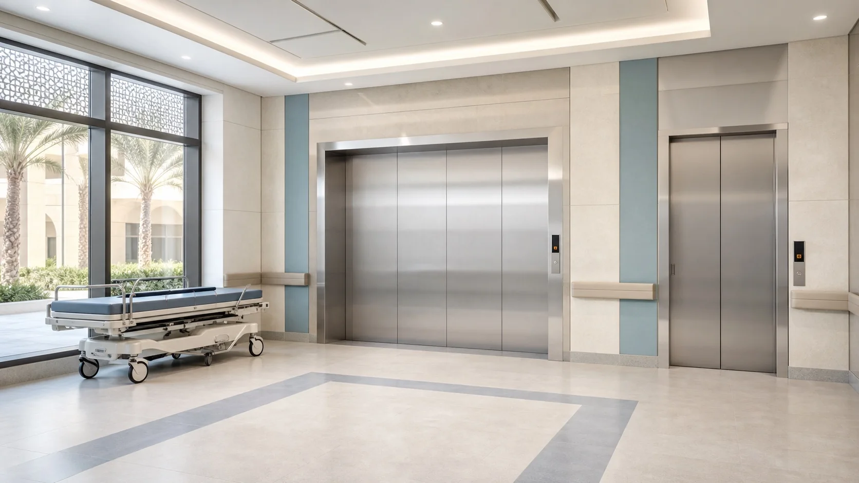 Fictional concept visualization of an accessible healthcare elevator lobby