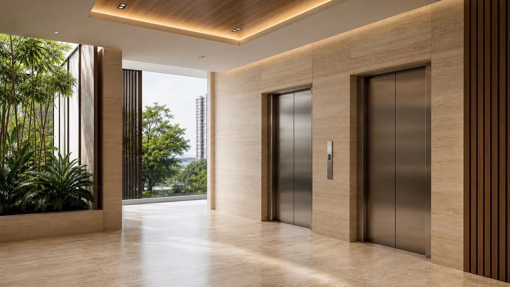 Fictional concept visualization of a contemporary residential elevator lobby