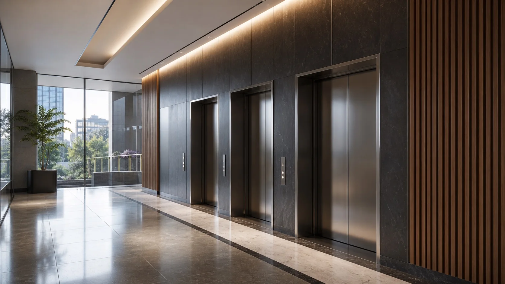 Fictional concept visualization of a modern commercial elevator lobby