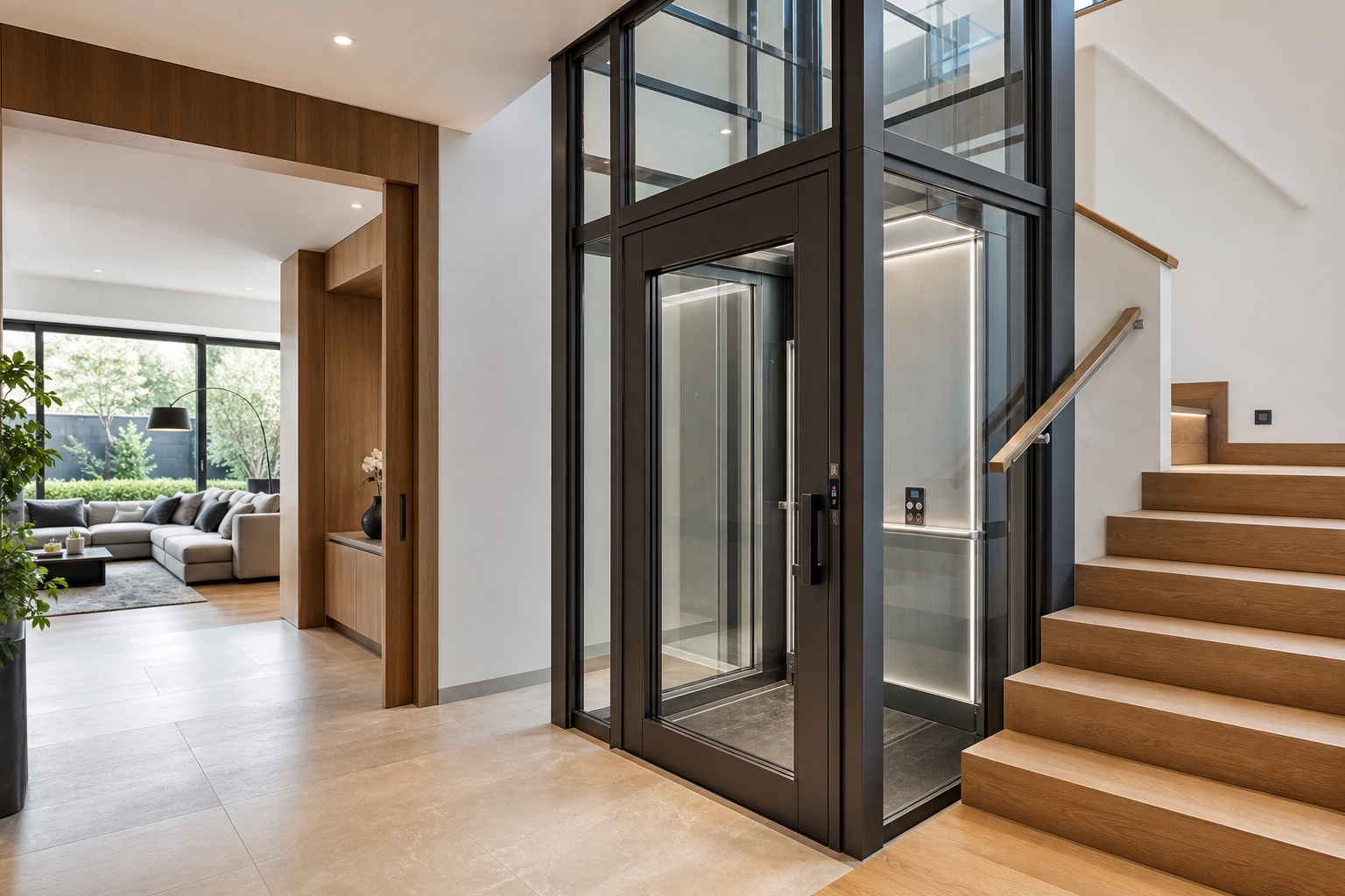 Concept visualization of a home lift beside a modern staircase